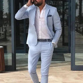 Sky Blue Linen Beach Men Suits Summer 2 Piece Slim Fit Groom Tuxedo for Wedding New Male Fashion Jacket with Pants
